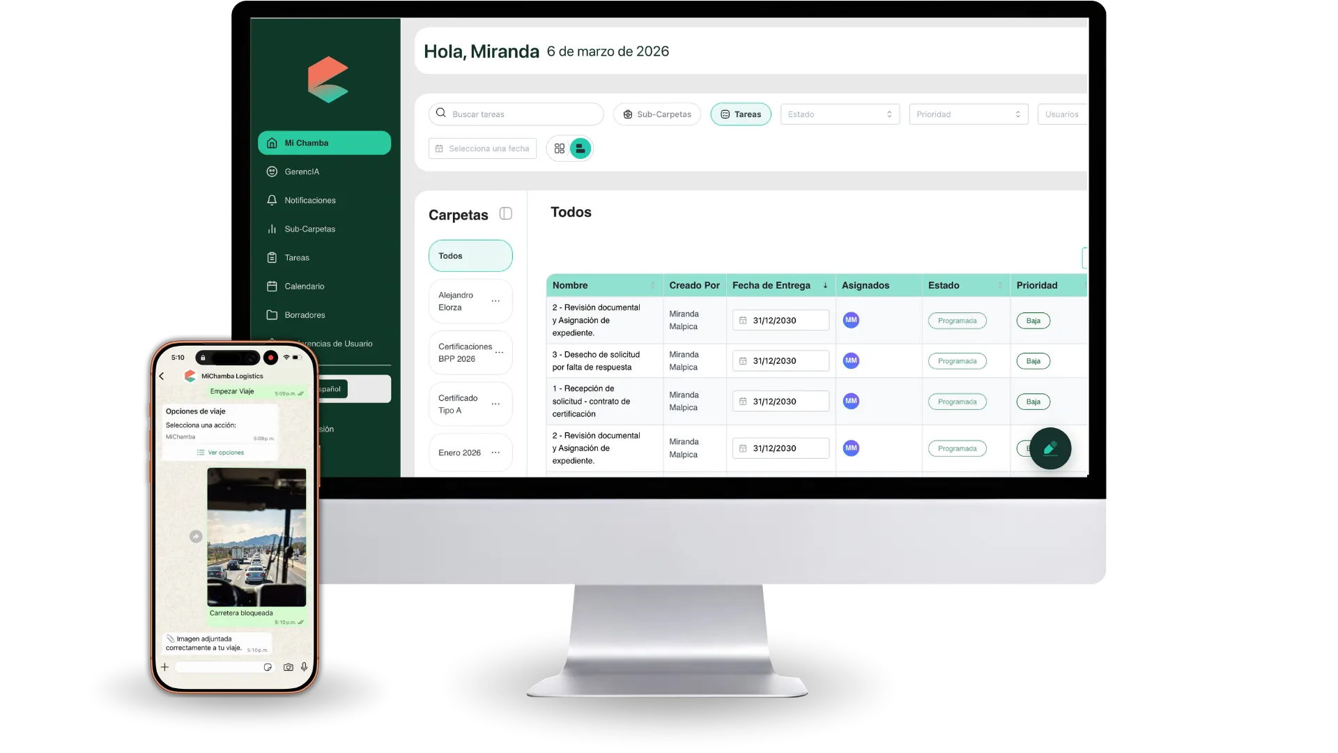MiChamba dashboard showing task management interface
