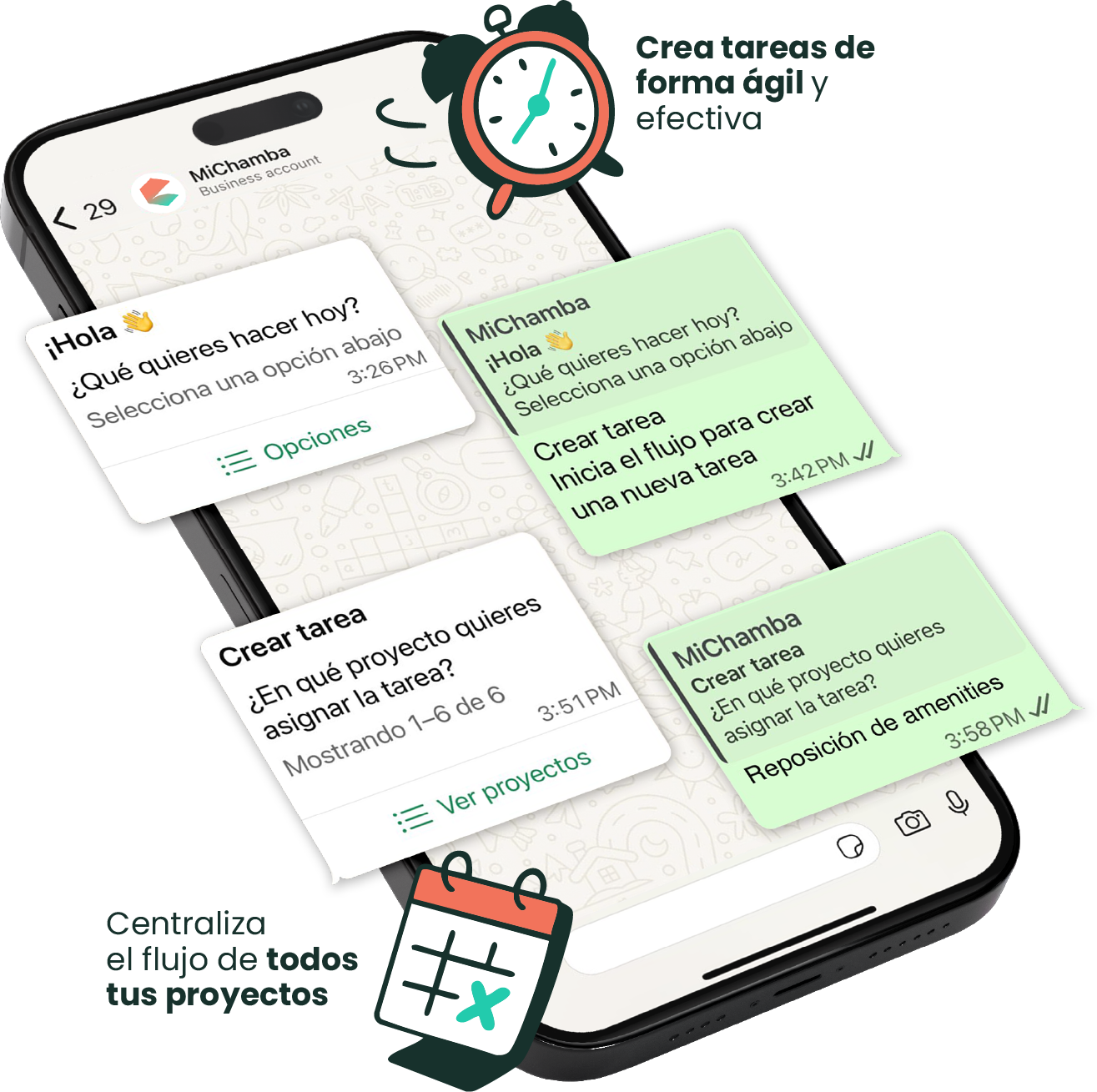 MiChamba app interface showing task management in WhatsApp